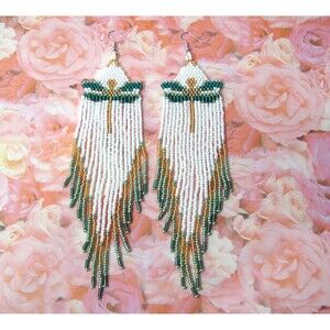 NEW Handmade Dragonfly Seed Beaded Long Shoulder Duster Earrings